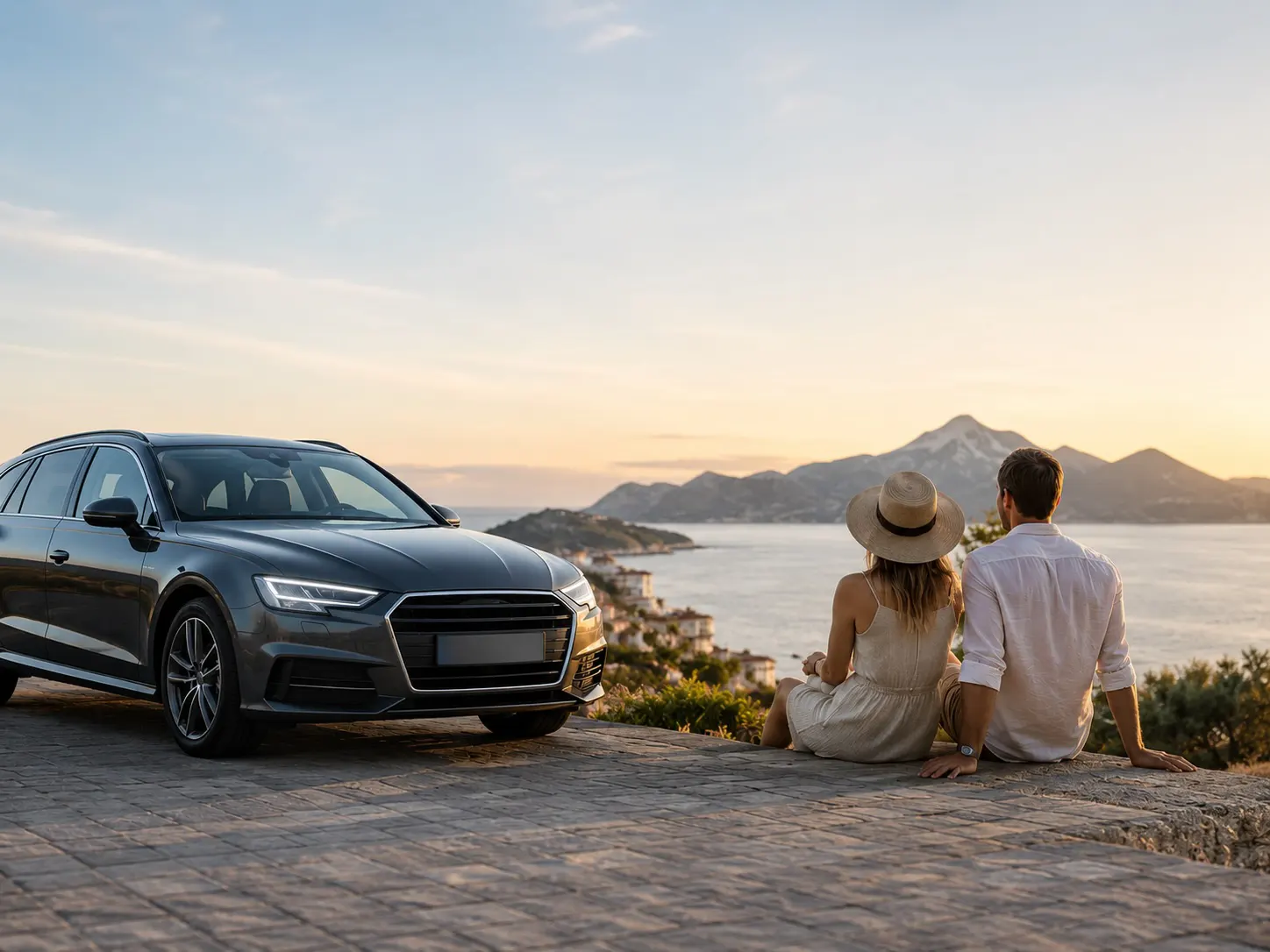 Paar mit Auto am Meer – Privatkredit für persönliche Wünsche