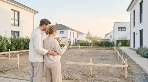 Paar auf einem Baugrundstück – Bausparen für das eigene Zuhause