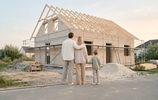 Familie vor ihrem Neubau im Rohbau – Finanzierung für den Hausbau
