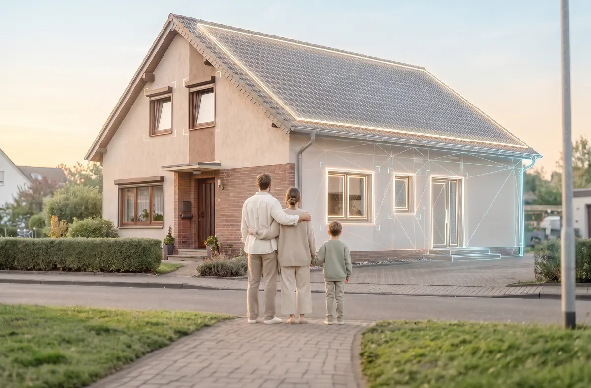 Familie vor einem älteren Einfamilienhaus – Sanierung und Modernisierung finanzieren